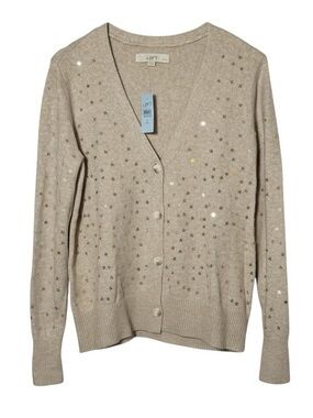 Loft Petites Beige Sequin Stars Cardigan Sweater NWT Size MP